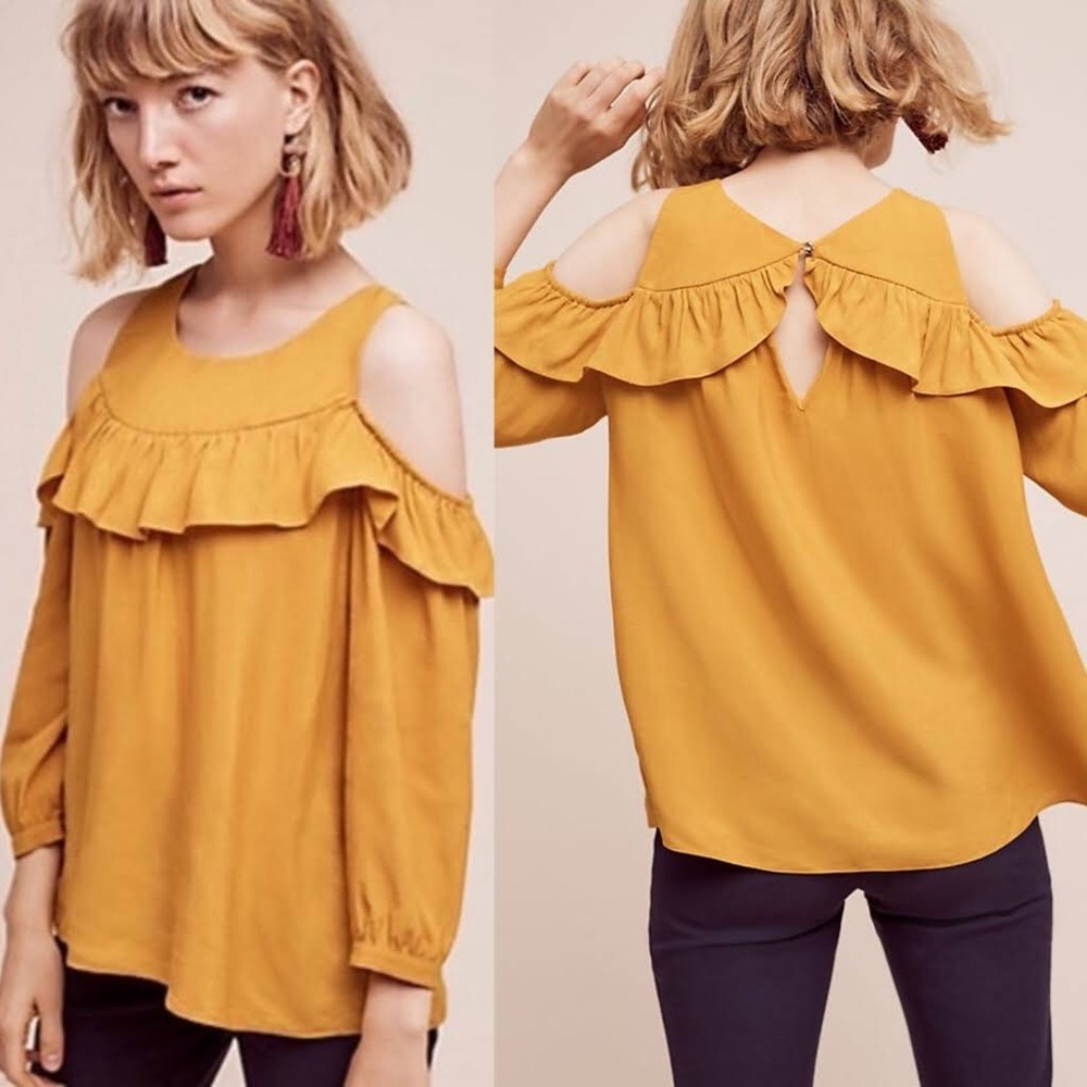 Maeve by Anthropologie - Mustard Yellow Ruffled Long Sleeve Cold Shoulder Blouse